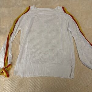 White Knit Top with Red and Yellow Stripe Sleeve Detail